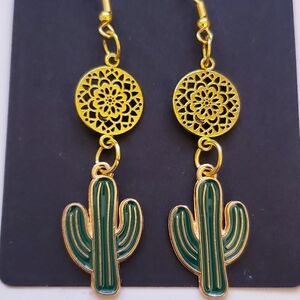 Handmade Green Western Cactus Dangle Earrings